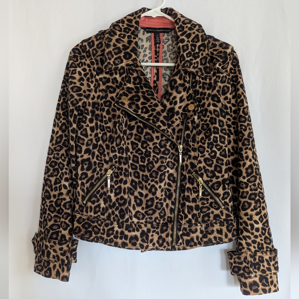 WH&BM Size 0 Moto Jean Jacket Leopard Animal Print Gold Zipper Stylish Sexy